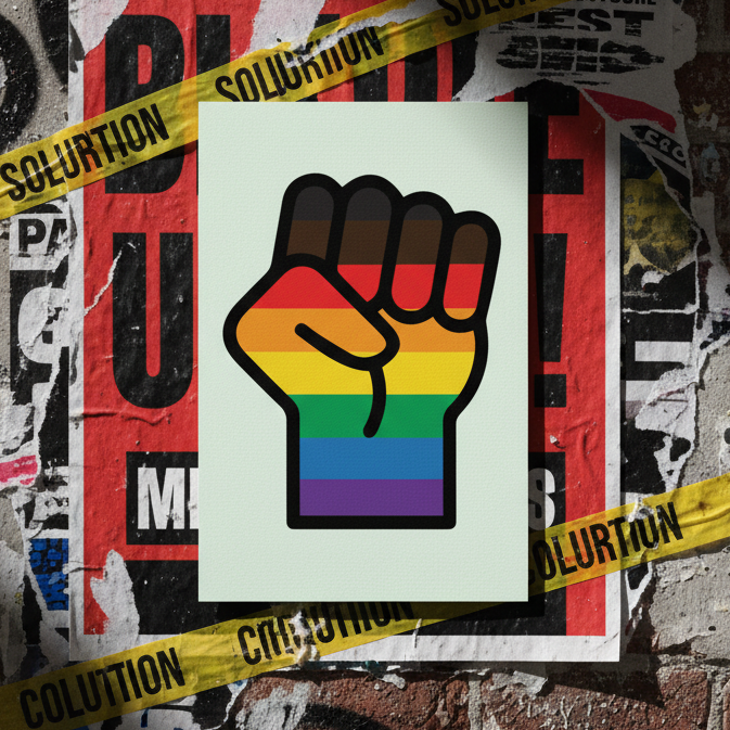 BLM LGBT Resist Postcard shows a raised fist with a rainbow Pride flag, street-art style, bordered by yellow "SOLUTION" tape on torn flyers.