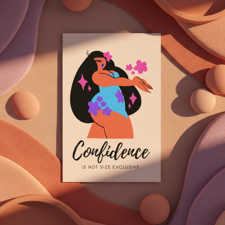 Body Confidence Postcard showing a curvy woman with long black hair in a blue floral dress, peach/terracotta background, and “Confidence is not size exclusive” below with spheres.