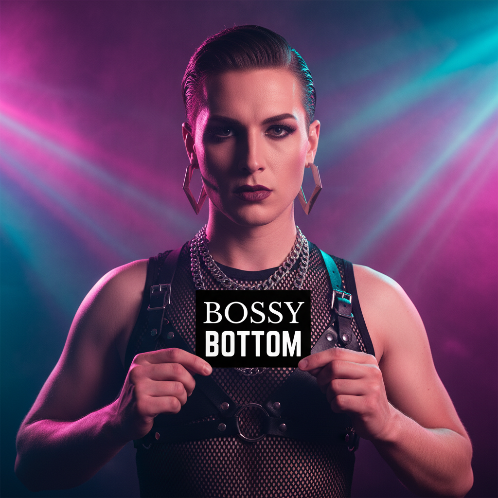 The Bossy Bottom Postcard shows a person with slicked-back hair and bold makeup holding a "BOSSY BOTTOM" sign under pink and blue lights.