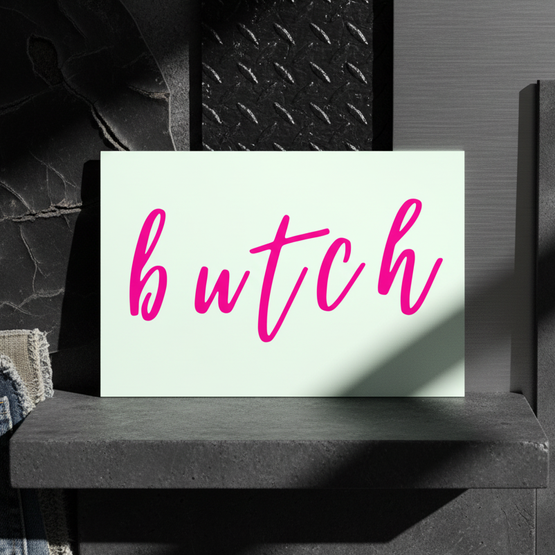 Butch Postcard with “butch” in bold pink cursive on white, set against dark stone, striped fabric, and queer-inspired black and gray textures.