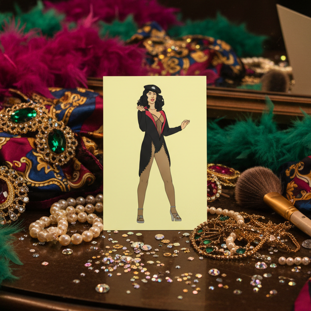 Vanity table with masks, faux pearl jewelry, makeup brushes, and gems. Center: Cher Burlesque Postcard with woman in top hat and heels.