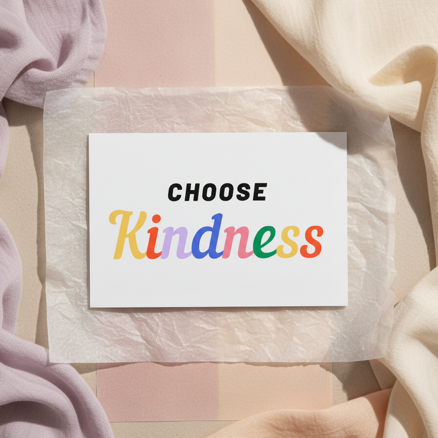 Choose Kindness Postcard with “Kindness” in rainbow gradient on textured paper, framed by pastel fabrics. Uplifting, pride-celebrating design.