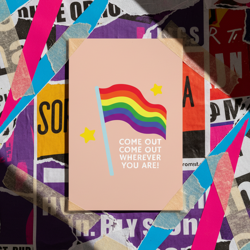 Come Out Come Out Postcard with a torn-paper rainbow flag, two yellow stars, bold “COME OUT COME OUT WHEREVER YOU ARE!” text, beige tape corners.