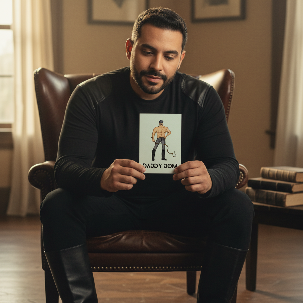 A man with short dark hair and a beard in black sits in a leather armchair, holding a Daddy Dom Postcard. Pride stickers cover the book-filled table nearby; framed art hangs on the softly lit wall.