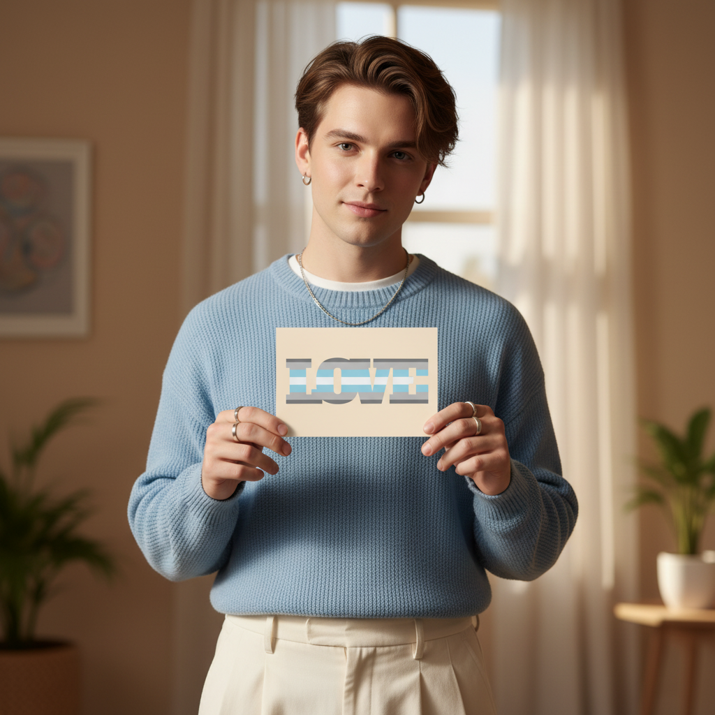 Young person in light blue sweater and cream pants holds Demiboy Love Postcard with "LOVE" in blue and white, indoors among plants.