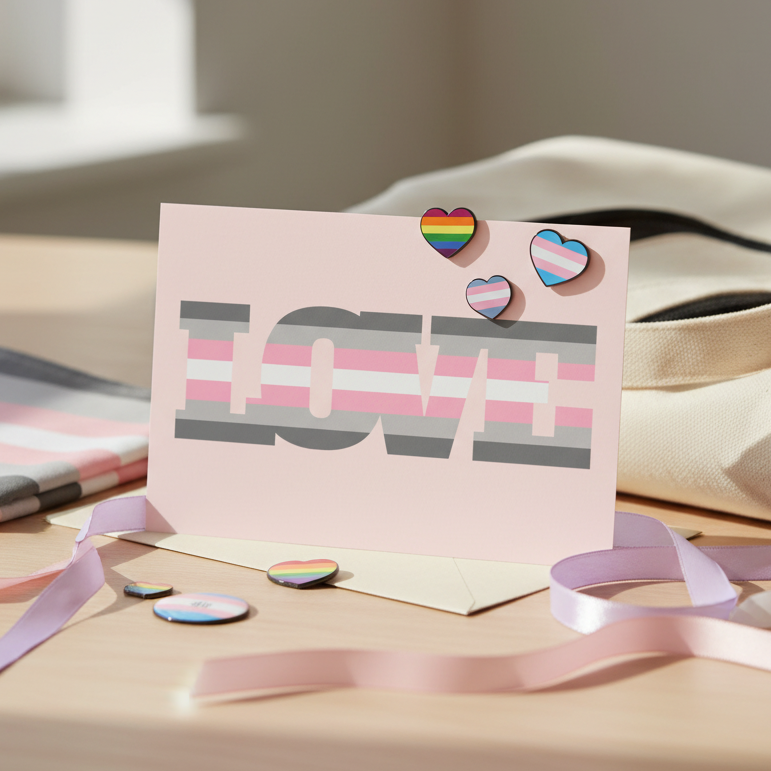 Demigirl Love Postcard with bold gray “LOVE” on pink, by heart pins—lesbian, rainbow, transgender. Pastel cloth and ribbon in sunlight.