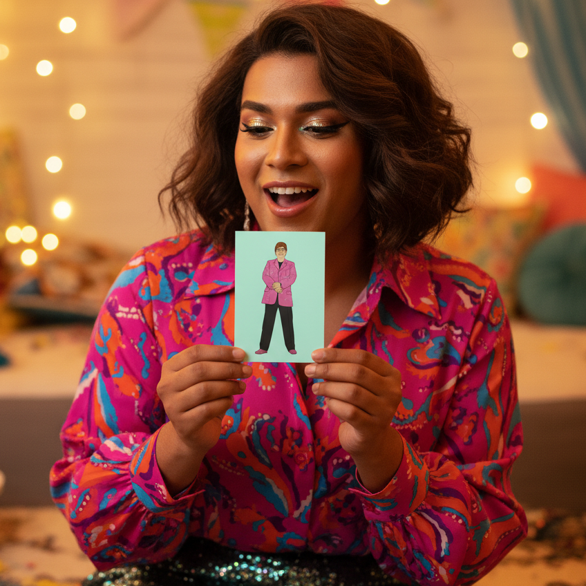 Person with wavy shoulder-length hair in a bright pink patterned shirt smiles, holding the Elton John Postcard; festive lights and decor behind.