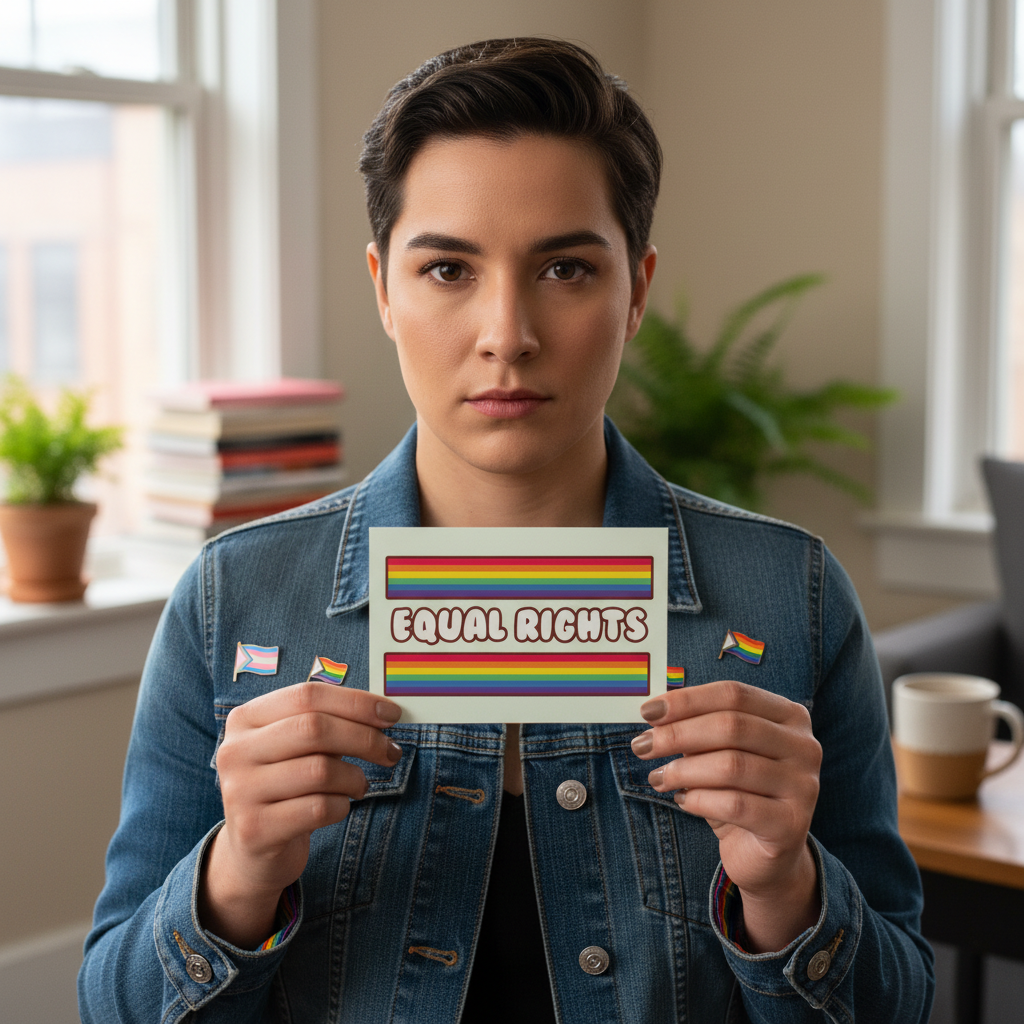 Person with short dark hair in denim jacket holds Equal Rights Postcard with rainbow stripes, seated in cozy plant-filled room.