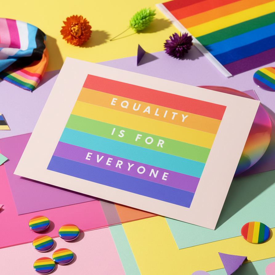 Equality Is for Everyone" postcard with rainbow stripes, shown with pride postcards, rainbow flags, buttons, and pom-poms on pastel.