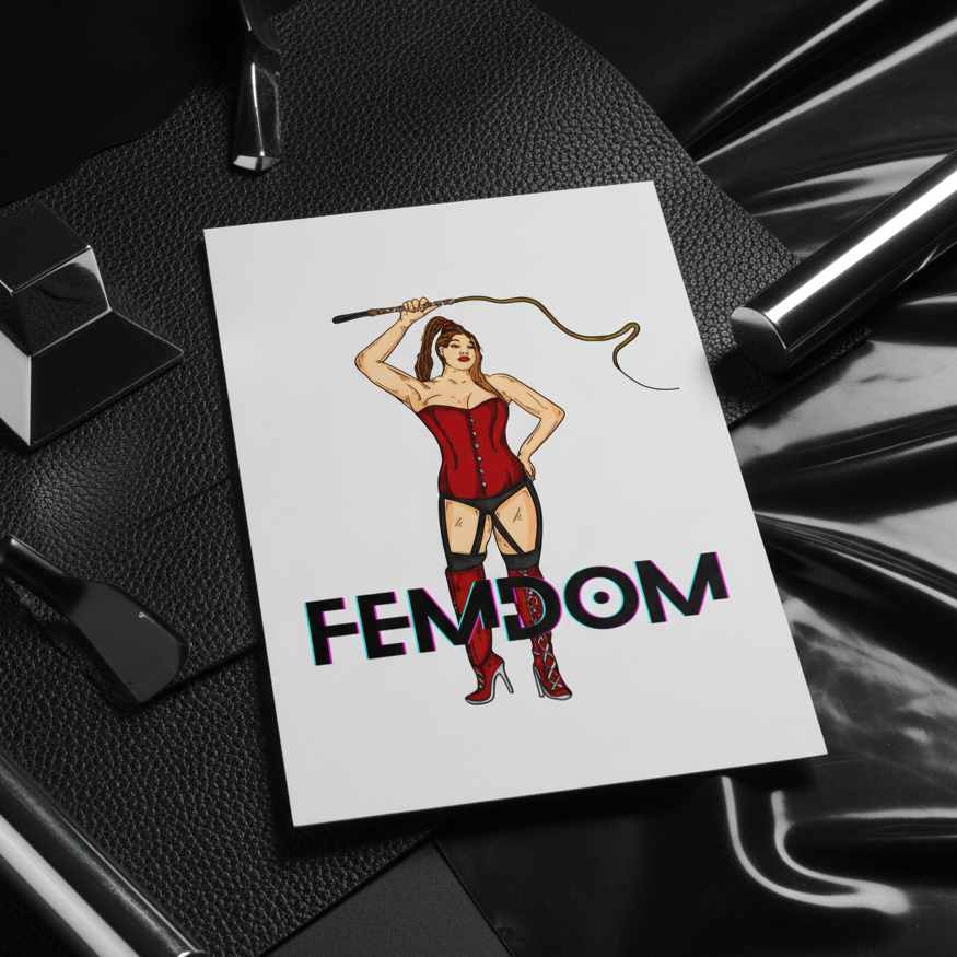 Femdom Postcard with art of a woman in red corset, garter, and boots holding a whip. "FEMDOM" in bold black text with pink shadow. Surrounded by shiny materials and pride accessories.