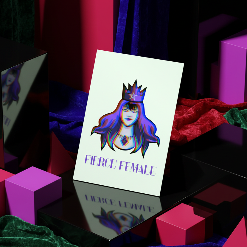 Postcard with bold “FIERCE FEMALE” text, featuring a crowned femme figure, glam makeup, long hair, and queer geometric backdrops.