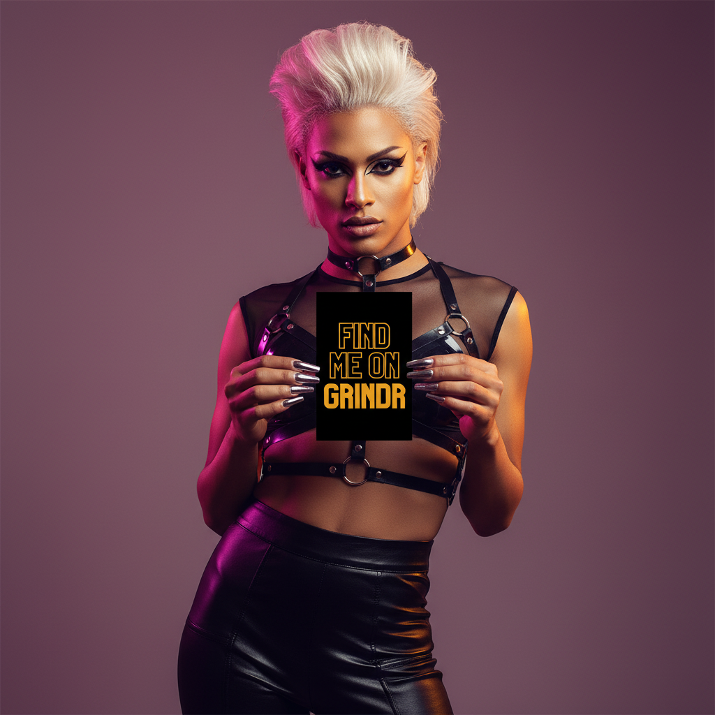 Queer postcard with a confident platinum-blond babe in a black harness and leather pants, holding “Find Me On Grindr” on a purple pride gradient.