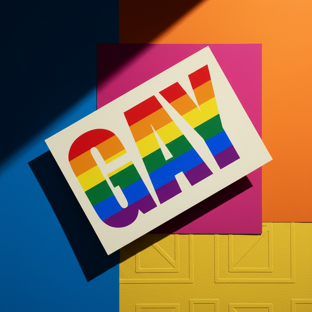 Gay Postcard with bold "GAY" in rainbow stripes on bright blue, orange, yellow, and magenta. Sunlight casts diagonal shadows.