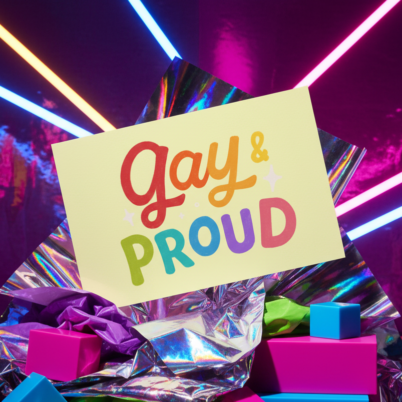 Gay & Proud Postcard with rainbow handwritten text, metallic paper, neon pink, purple, yellow, blue lights, and bright gift boxes.