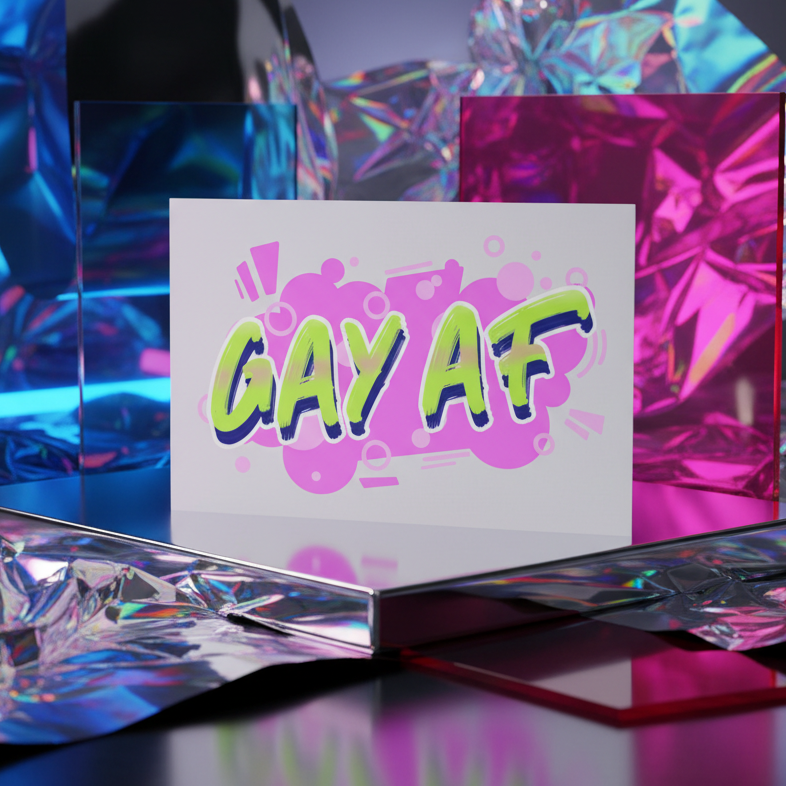 Gay Af Postcard with bold neon yellow-green "GAY AF" text on shiny blue and pink holographic wrap, serving queer party vibes.