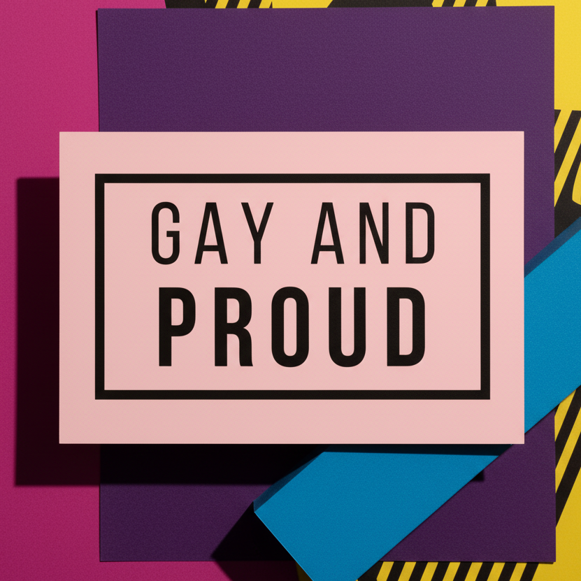 Gay And Proud Postcard with bold black "GAY AND PROUD" on a pink rectangle, purple, blue, yellow accents, magenta background.