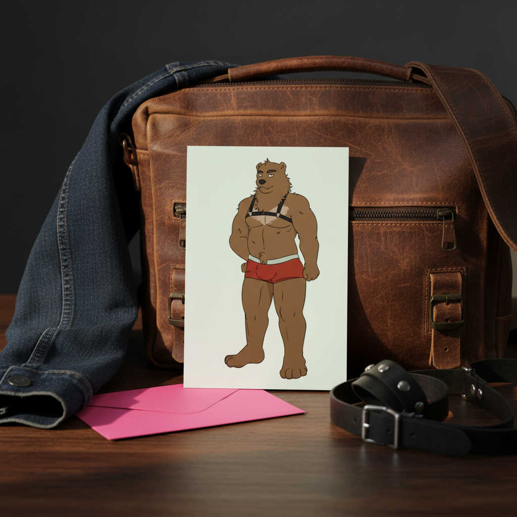 Gay Bear Postcard showing a beefy illustrated bear in red briefs and harness, leaning on a brown leather bag, with denim jacket, black belt, and pink envelope for a playful pride vibe.