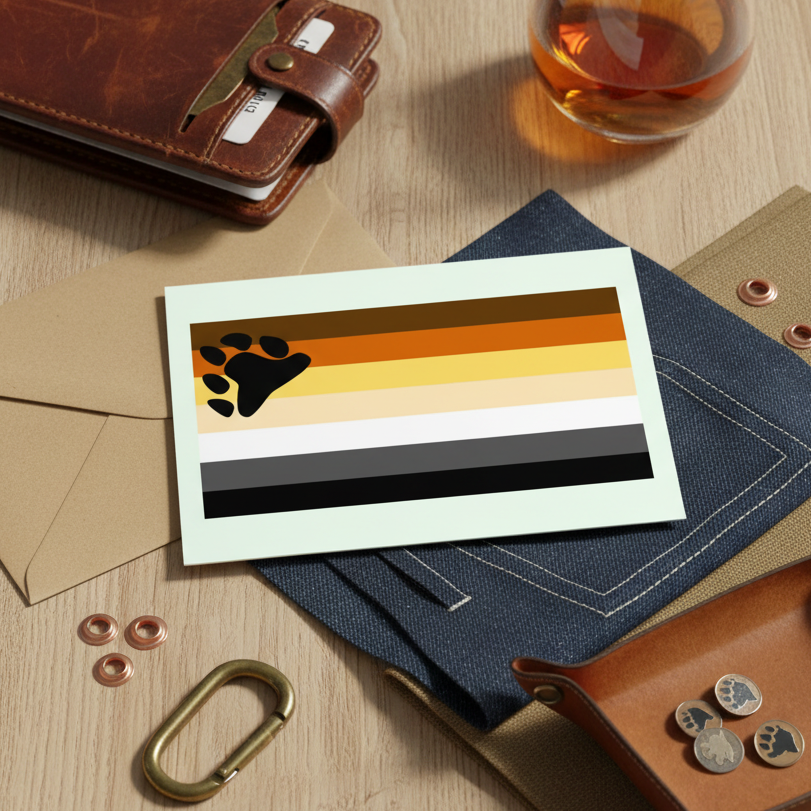 Bear Pride postcard featuring the striped Bear flag and black paw print, set on blue fabric with a wallet, drink, metal gear, and envelopes.