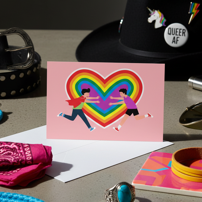 Gay Couple Postcard shows two people rushing into a hug in front of a rainbow heart, with pride sticker hat, studded belt, pink bandana, sunglasses, and queer jewelry.