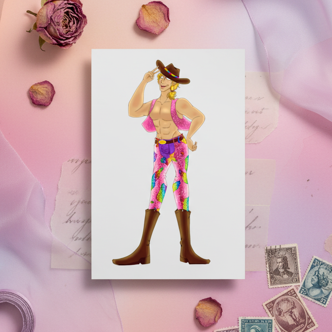 Gay Cowboy Postcard with a winking cartoon cowboy in floral pants, brown hat and boots, on pastel with dried roses and stamps—pride vibes.