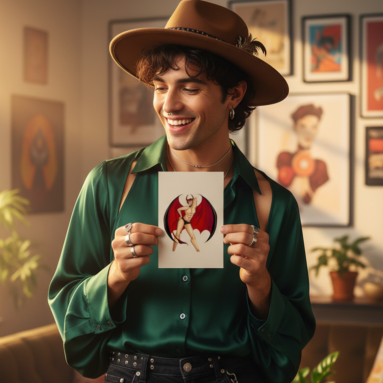 The Gay Devil Postcard, showing a white-haired, red-winged character, held by someone in green and brown gear; queer cozy vibes.