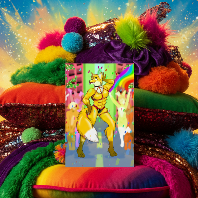 Gay Furry Pride Postcard with a buff anthropomorphic fox in rainbow pride gear, dancing on rainbow pillows with pom-poms; vibrant, joyful.