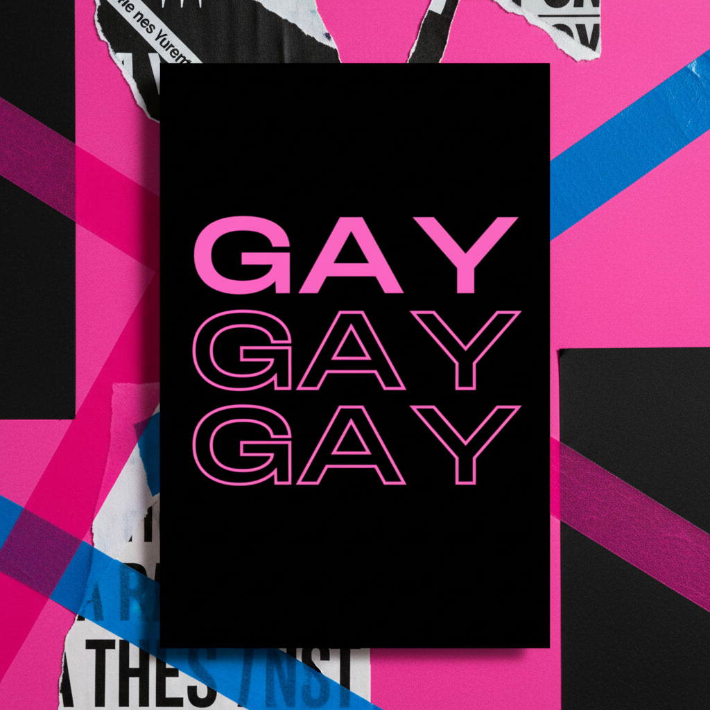 Pride postcard with bold pink "GAY GAY GAY" text on black, plus geometric pink, black, and blue torn paper queer design details.