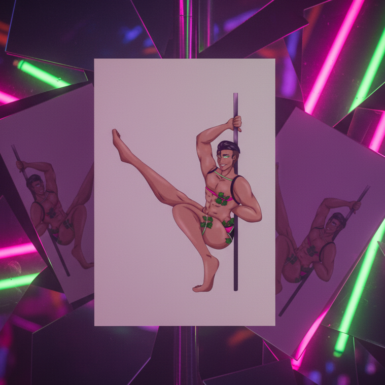Gay Gogo Dancer Postcard with a bold digital art of a muscular dancer in festive wear, pole dancing under neon and mirrored lights—full queer pride.