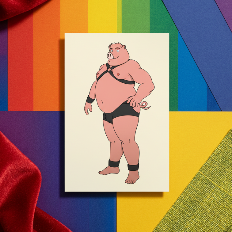 Gay Pig Postcard: plus-size figure in black fetish gear with pig nose, ears, tail on cream card, shown atop rainbow flag table.