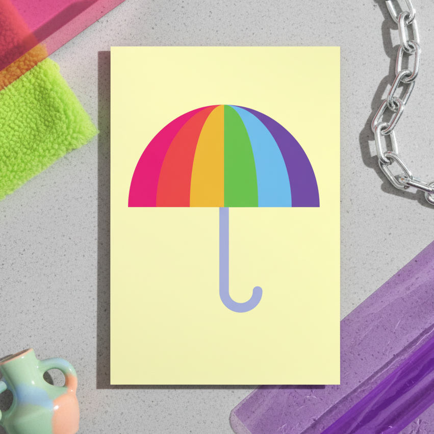 Cream Standard Postcard with a rainbow-striped umbrella, set on speckled gray, surrounded by a green cloth, purple tray, silver chain, and pastel green and peach vase.