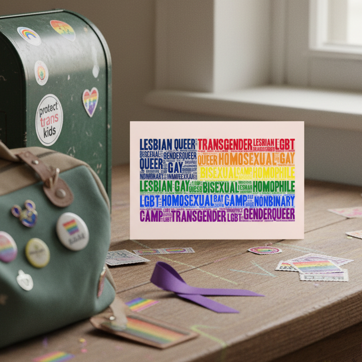 Gay USA postcard with bold queer phrases on a wooden desk, a bag and mailbox decked out in pride flags, rainbows, and "protect trans kids" sticker.