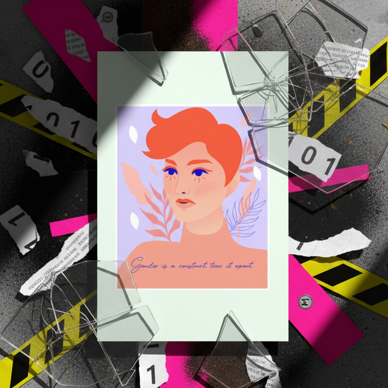 Postcard showing an androgynous illustrated face with red hair and the phrase “Gender is a construct, tear it apart.”