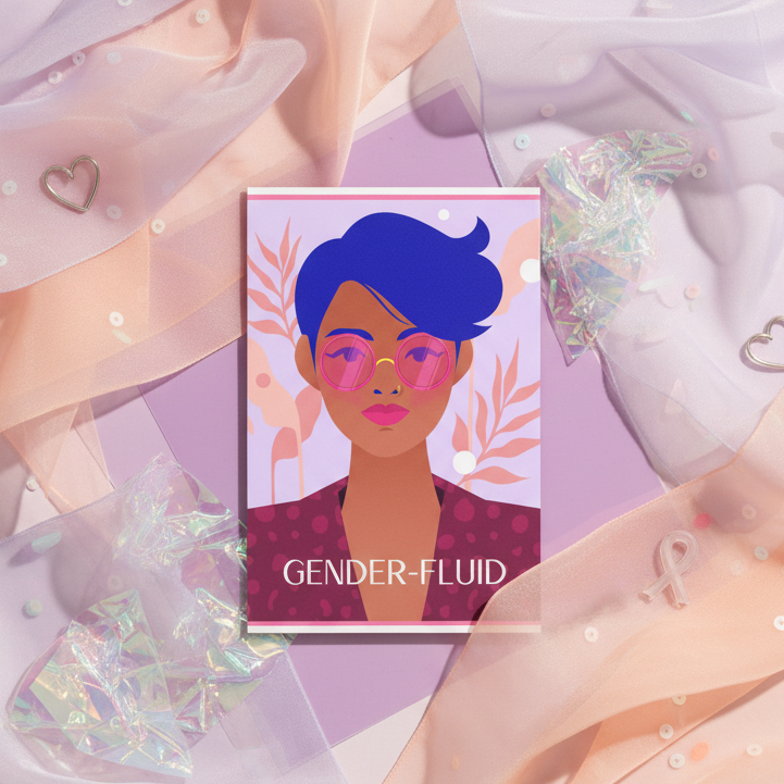 Gender-fluid postcard with a blue-haired illustrated person wearing pink glasses and magenta lipstick