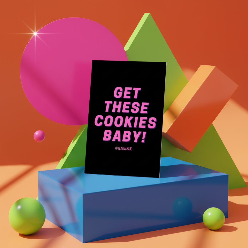 Postcard with bold pink "GET THESE COOKIES BABY! #TEAMINJUE" on black, playful shapes in orange, green, pink, blue radiate queer pride.