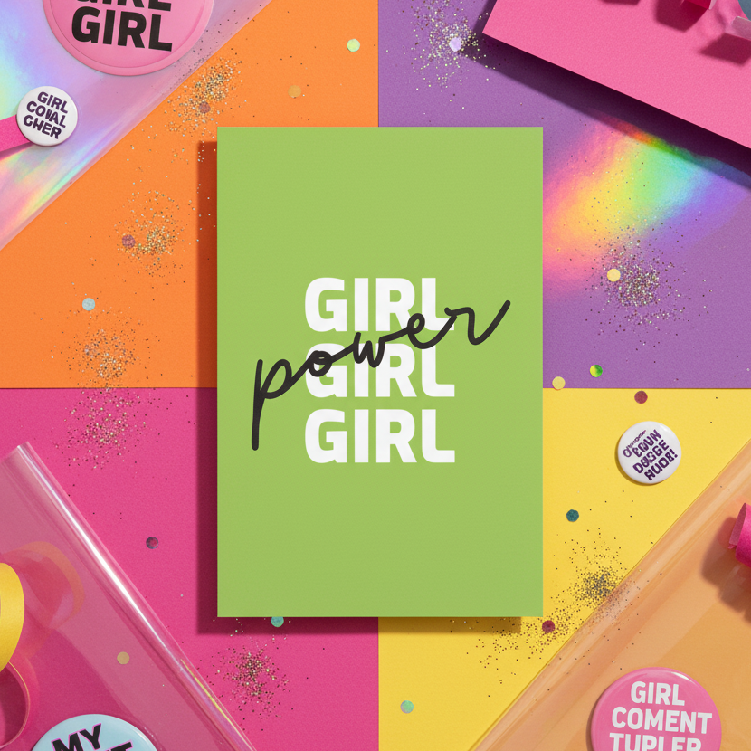 Green postcard with white “GIRL GIRL GIRL” lettering overlaid by black script reading “power”