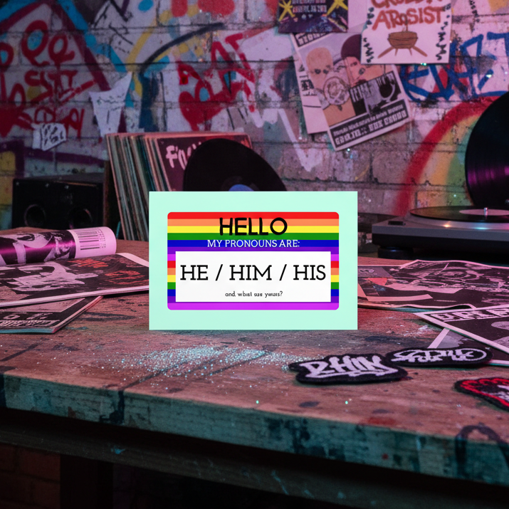 Hello My Pronouns Are He / Him / His" postcard with rainbow stripes on a busy table, pride stickers, vinyl records, graffiti walls, punk flyers.