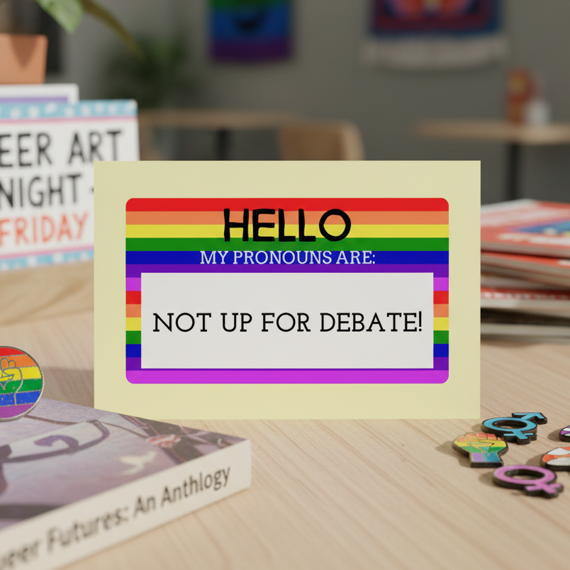 Postcard with rainbow and trans pride flag border, featuring bold text: "HELLO MY PRONOUNS ARE: NOT UP FOR DEBATE!.