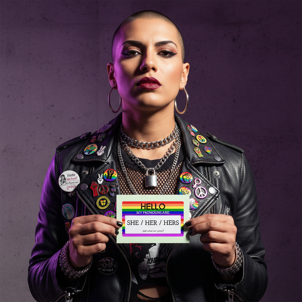 Hello My Pronouns Are She / Her / Hers" postcard held by a queer person in bold makeup, hoops, and a pin-clad leather jacket.