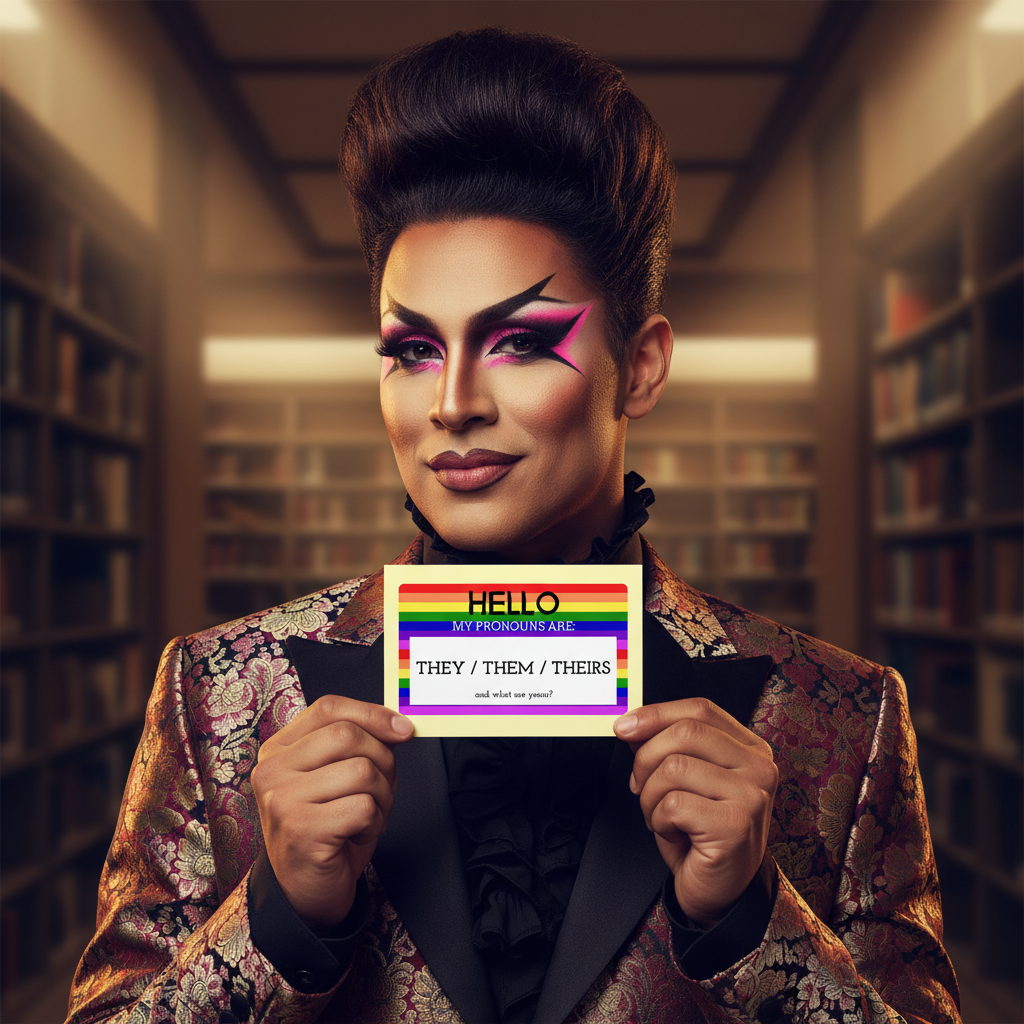 Hello My Pronouns Are They / Them / Theirs Postcard shows a queer person in bold drag makeup holding a rainbow-striped sign reading "HELLO, MY PRONOUNS ARE THEY/THEM/THEIRS" inside a library—vibrant, unapologetic, and perfect for pride mail.