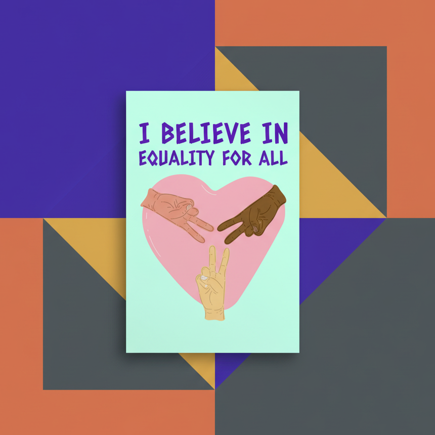 Postcard with “I Believe In Equality For All” in purple on mint green, three varied peace-sign hands on a pink heart, bold geometric colors.