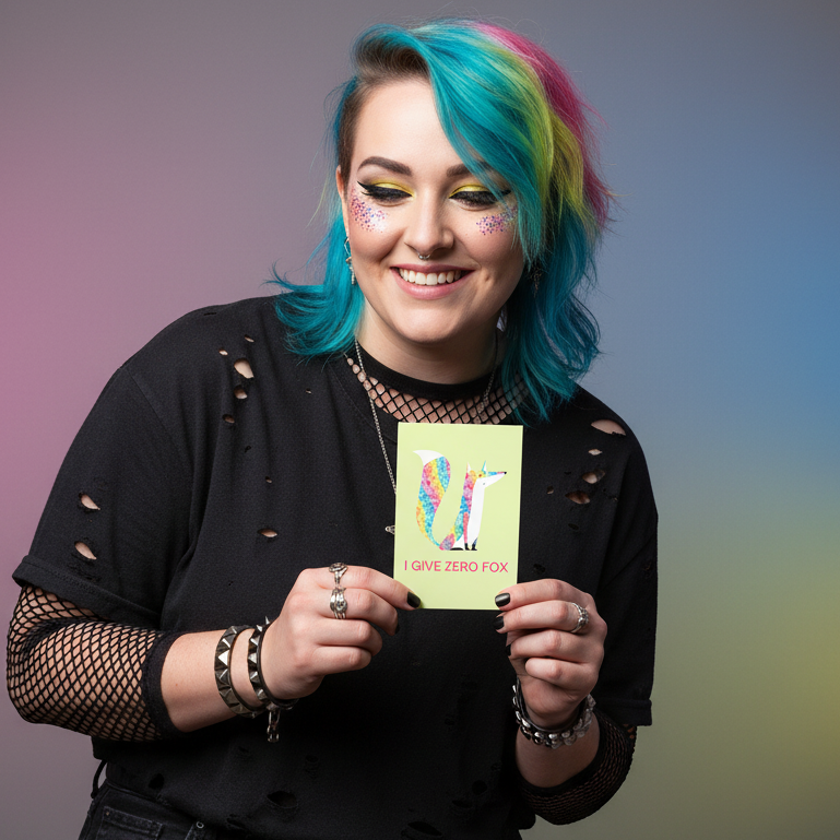 I Give Zero Fox Glitter Postcard" held by a person with blue and yellow hair, bold makeup, ripped black tee over fishnets, bracelets.