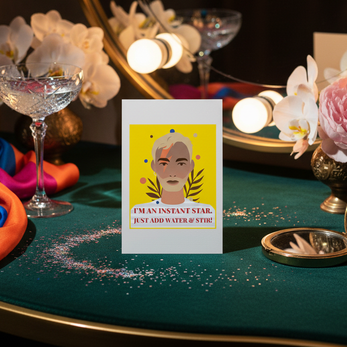 Postcard showing a stylized short-haired face with “I’M AN INSTANT STAR. JUST ADD WATER & STIR!”