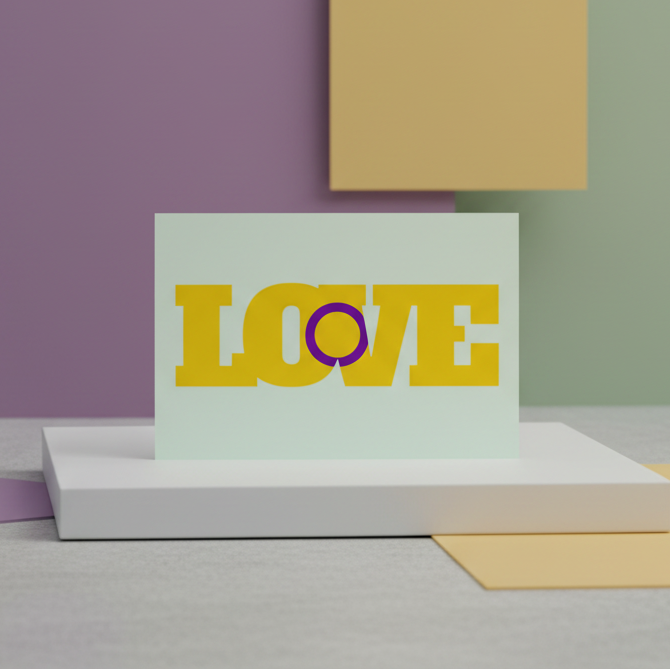 Intersex Love Postcard with "LOVE" in bold yellow, purple ring around the O; pastel purple, yellow, grey blocks on white platform.
