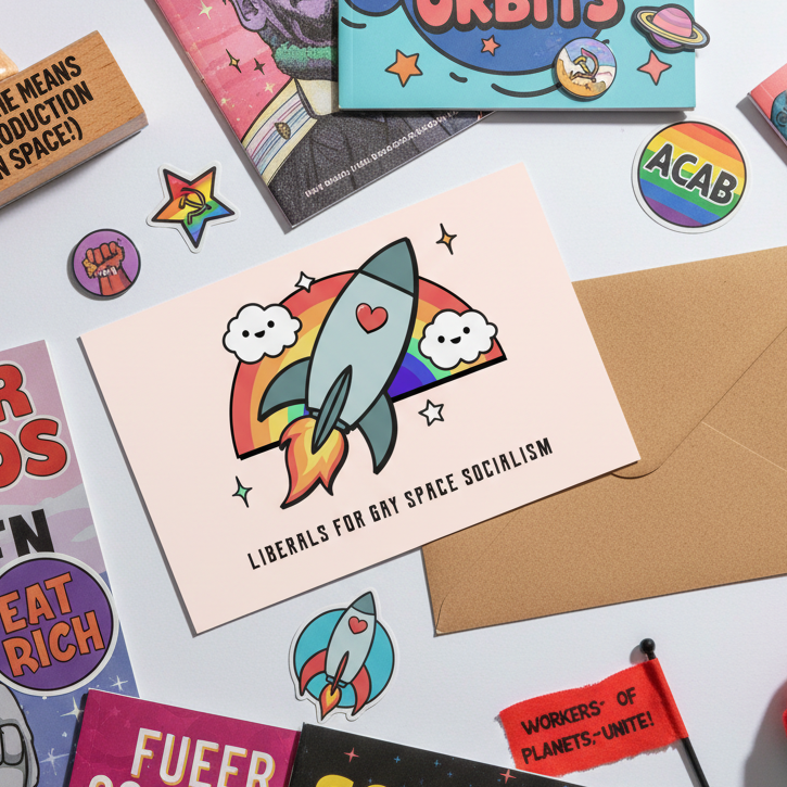 Liberals For Gay Space Socialism postcard with rocket, rainbow, clouds, heart, slogan; on light table with queer zines and stickers.