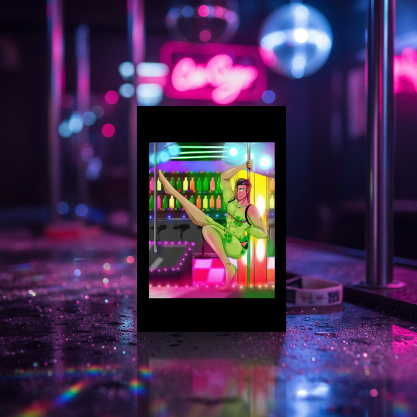 Postcard with glossy bar counter, neon disco balls, pole dancer in shiny green, pride postcards, and bold queer club lights.