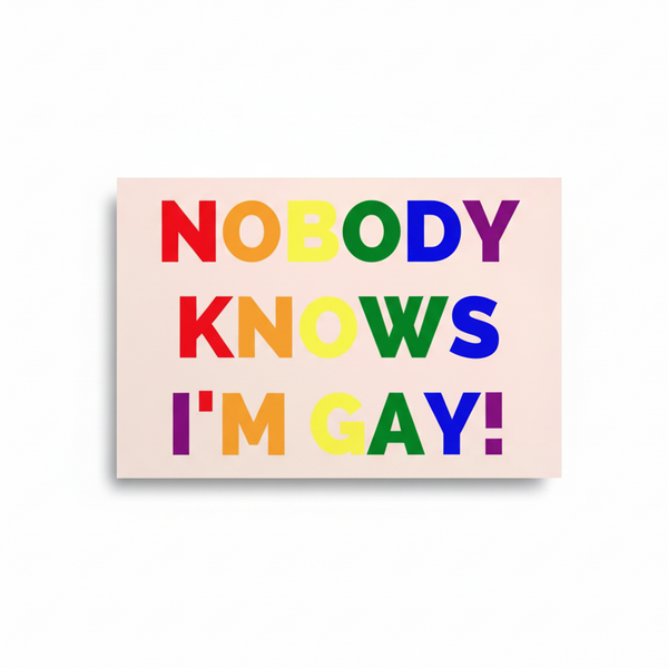 Postcard with a light pink rectangle and bold rainbow block letters reading 