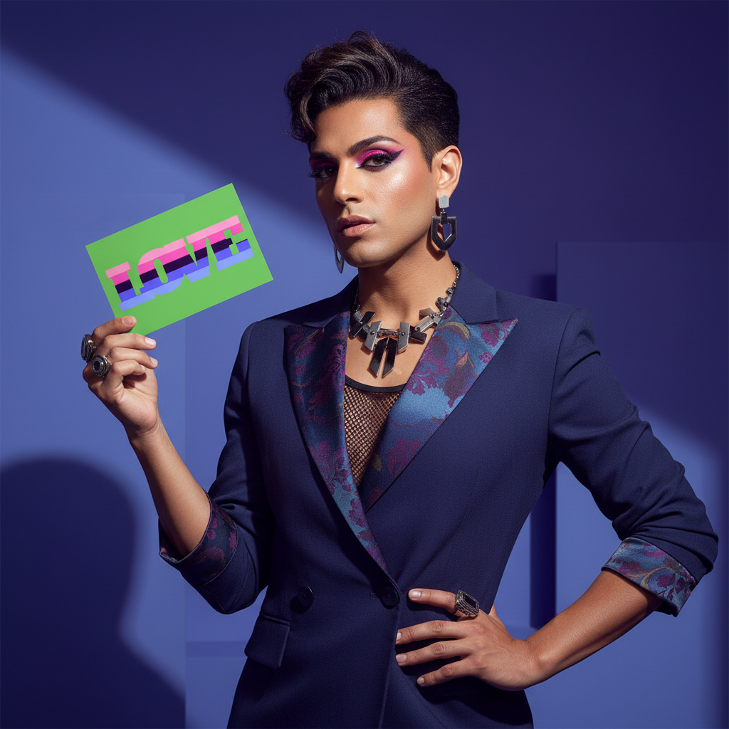 Omnisexual Love Postcard—vibrant green with "LOVE" designs—is held by a bold, queer person in navy suit and jewelry, purple backdrop.