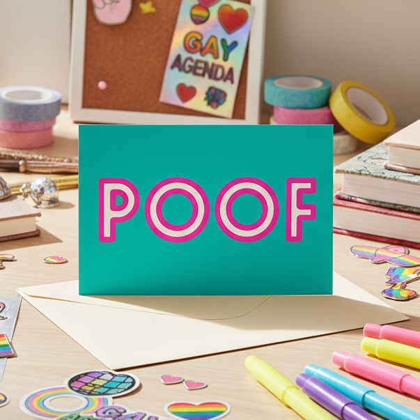 Teal postcard with "POOF" in bold pink and white; rainbow stickers, markers, pride envelope—queer, colorful card for vibrant moments.
