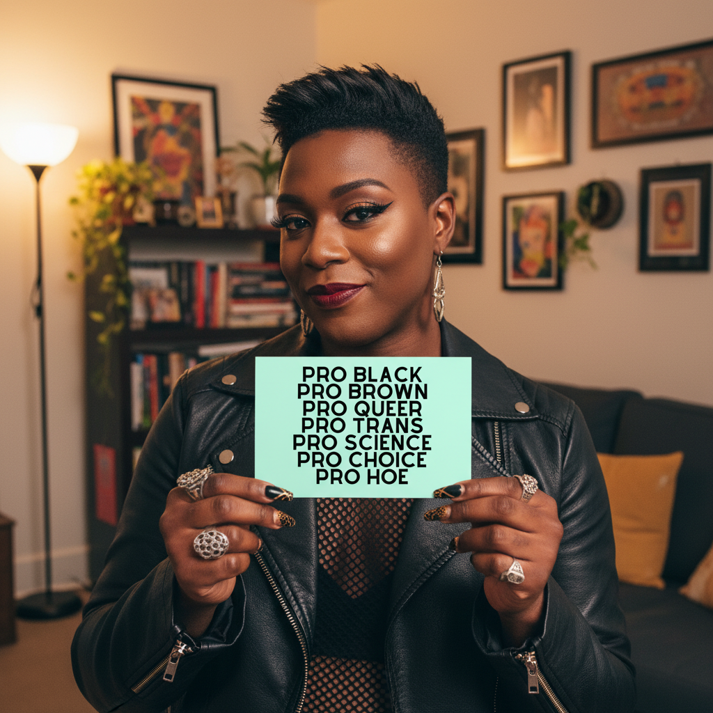 Person holds a mint-green postcard reading “PRO BLACK PRO BROWN PRO QUEER PRO TRANS PRO SCIENCE PRO CHOICE PRO HOE.”