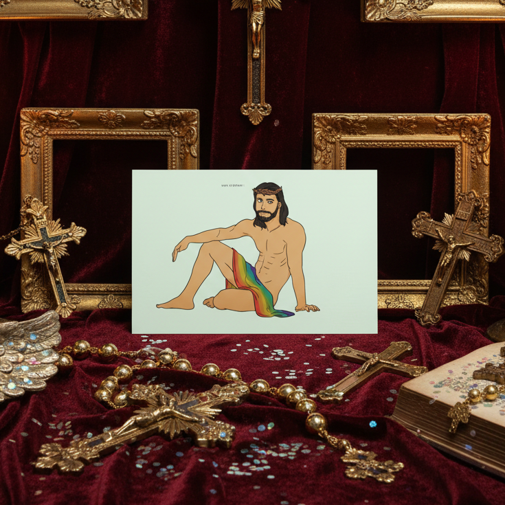 Postcard with a semi-nude, bearded figure in rainbow cloth, gold frame, crosses, beads, coins, and book on rich red velvet—queer vibes.